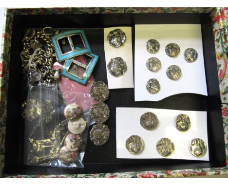 Group of thirteen various silver buttons, a brooch and converted ear studs, four small Satsuma buttons, a silver charm bracel