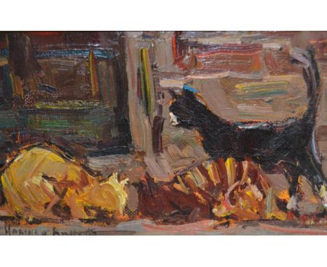 Impressionist style oil on board, study of two cats in and interior, indistinctly signed, 13 x 22cmLate 20th Century. In good