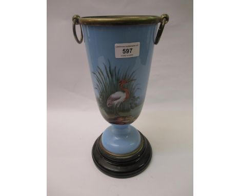 Victorian blue opaque glass oil lamp base painted with a bird, 32cm high