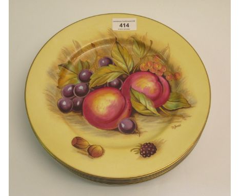 Set of six Aynsley dinner plates decorated with fruits after D. JonesVery minor loss to gilt, otherwise in good condition.