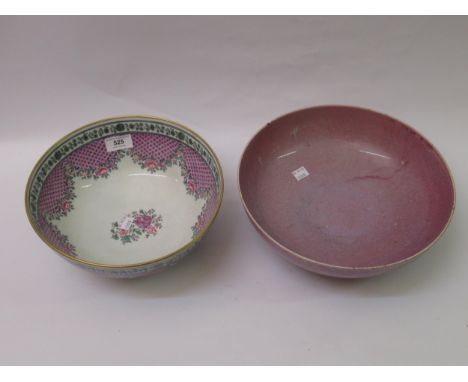 Samson porcelain bowl decorated with garlands of flowers on a purple scale ground, 25cm diameter, together with an art potter