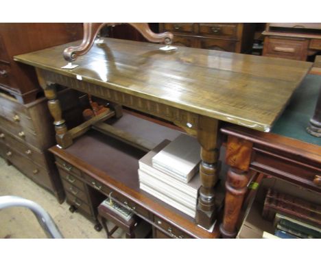 20th Century oak refectory style dining table, the plank top on baluster turned supports with H-stretcher, 183cm long x 80cm 