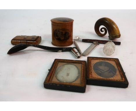 19th Century horn snuff mull, Mauchline ware cylindrical box, two propelling pencils, silver mounted horn spoon / whistle and