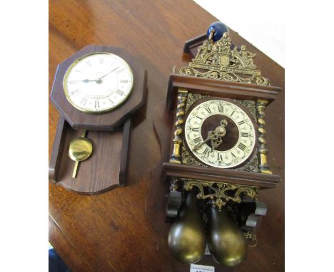 Reproduction Dutch mahogany brass mounted wall clock, together with a modern Abbey battery driven wall clock