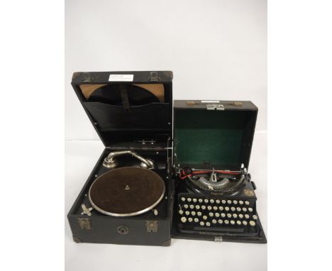 Early 20th Century table model wind-up gramophone, together with an Imperial typewriter