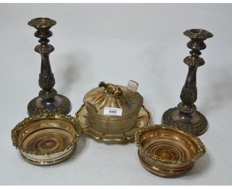 Pair of 19th Century plated bottle coasters, pair of similar candlesticks and a 19th Century plate on copper butter dish with