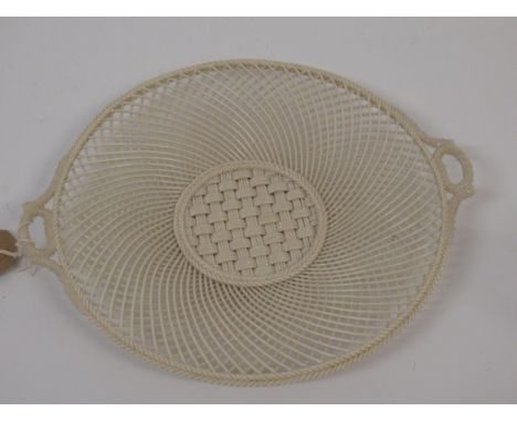 Belleek porcelain two handled platter of fine basketwork design, 26.5cm wide