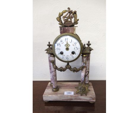 19th Century French mantel clock with gilt and marble case, the circular painted dial with two train movement striking on a b