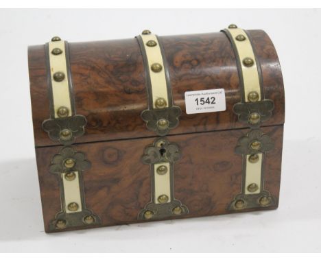 Victorian figured walnut brass and composition mounted tea caddy, the dome lid enclosing a two division interior with blendin