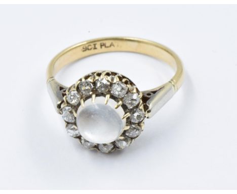 9ct Gold dress ring set moonstone bordered by small diamonds, size K, 2.6g