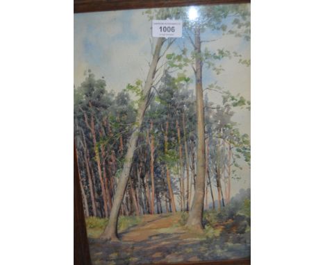 Watercolour, wooded track, signed Morton, 37 x 24cm, together with a reproduction metal printing plate ' The City of London '