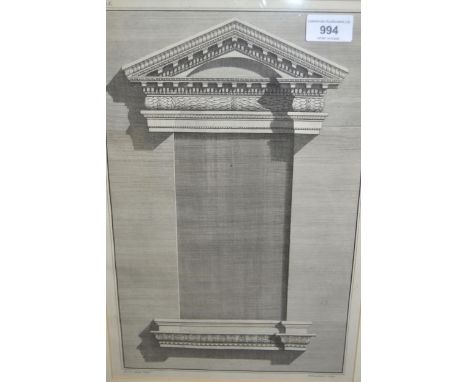 After P. Fourdrinier, antique black and white engraving, architectural study, 35 x 22.5cm, gilt framed, together with another