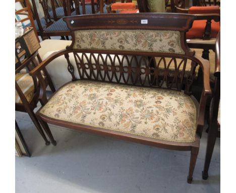 Edwardian mahogany satinwood banded and line inlaid two seated drawing room sofa, with a pierced and upholstered back, uphols