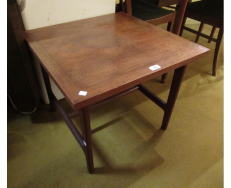 Square teak lamp table, square mahogany occasional table on turned supports and a pine swing handled cutlery box