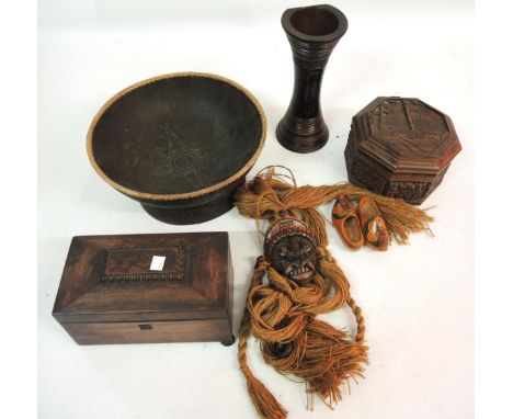 19th Century rosewood tea caddy, a native wooden bowl, a mask head, octagonal wooden box and a wooden instrument