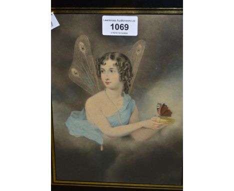 Gilt framed portrait print of a fairy with a butterfly, framed etching, view of Whitgift Church and six other various prints