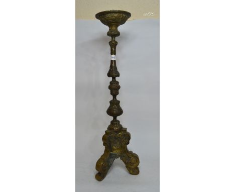 19th Century Dutch brass candlestand adapted for use as a lamp, 76cm high