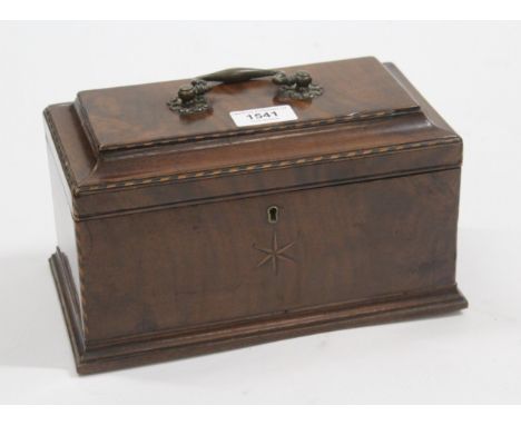 George III mahogany and chequer line inlaid tea caddy, the hinged moulded cover enclosing a three division interior, 25cm wid