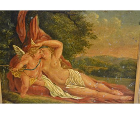 19th Century oil on panel, Cupid and Psyche in a landscape, unsigned, 16 x 20cm, in a swept gilt frameIn good condition, no m