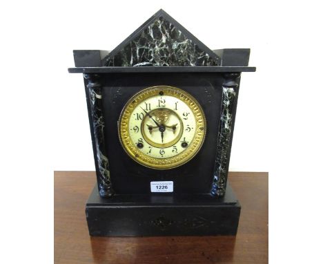 19th Century black slate marble mounted mantel clock with visible escapement and two train movement by Ansonia, together with