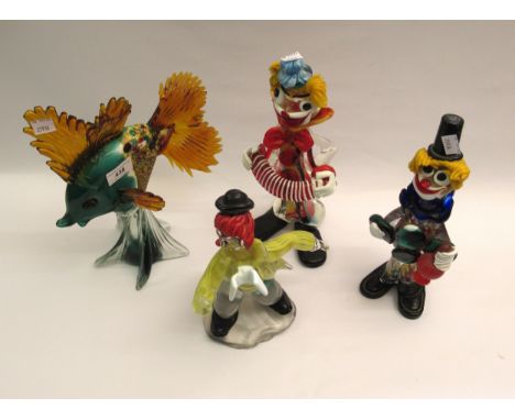 Group of three Murano glass figures of clowns, together with a similar figure of a fish, 31cm highGood condition - no damages