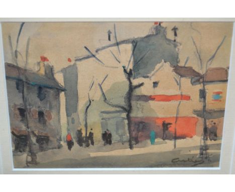 Small Continental watercolour sketch, town scene with various figures, indistincty signed, 11 x 15cm