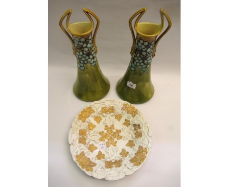 Pair of Minton Secessionist Art Nouveau style two handled vases, 35cm high, together with a Meissen gilt and grapevine decora
