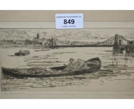 Black and white artist signed etching, figures in a rowing boat before a bridge, signed, possibly Williams, 10 x 21cm, framed