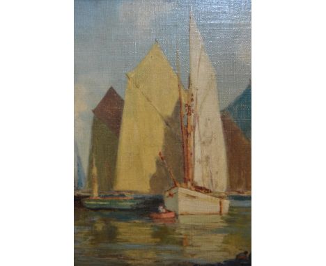 Attributed to Henri Alphonse Barnion, early 20th Century oil on canvas, fishing boats at anchor, ebonised frame, 30 x 25cmOve
