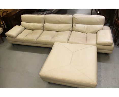 Roche Bobois, modular sofa upholstered in cream leather and comprising three reclining sections (two with arms) and an ottoma