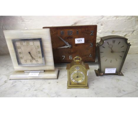 Mahogany and chrome Art Deco style mantel clock, another white marble mantel clock and two others