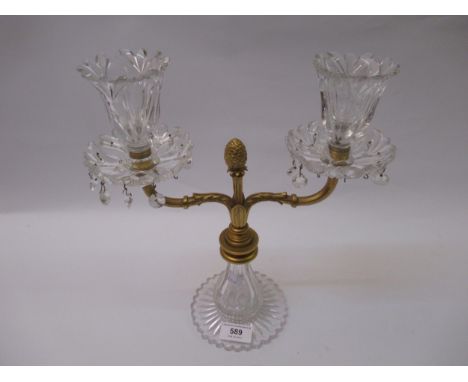 19th Century cut glass and gilt brass twin light candleabra, 32cm high