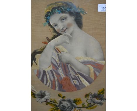 Needlework and beadwork enhanced print, a classical female, 40 x 32cm, in a burr wood frame, together with another collage pi