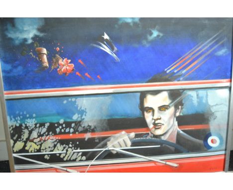 Oil on canvas, Elvis at the wheel of a motor car, signed Brak, 75 x 101cm, framed