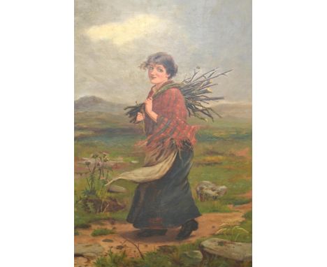 19th / 20th Century Scottish School oil on canvas, landscape with young lady carrying wood, 60 x 40cmOverall in good conditio