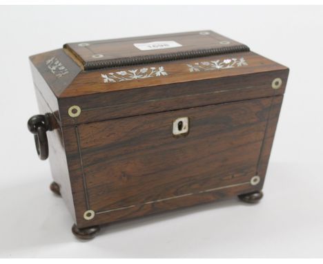 Small 19th Century rosewood mother of pearl inlaid tea caddy with ring handles and bun feet