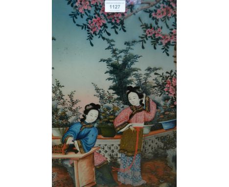 19th Century Chinese reverse painting on glass, ladies in a garden, 47 x 33cm, housed in a later painted hardwood frame