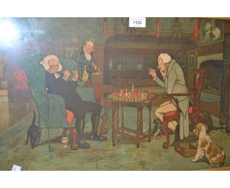 Pair of Cecil Aldin chromolithographs, chess and card players, 36 x 60cm, in swept gilt frames