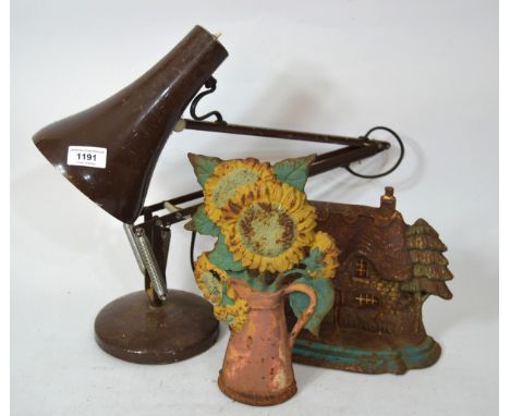 1980's Brown painted Anglepoise lamp and two painted iron door stops