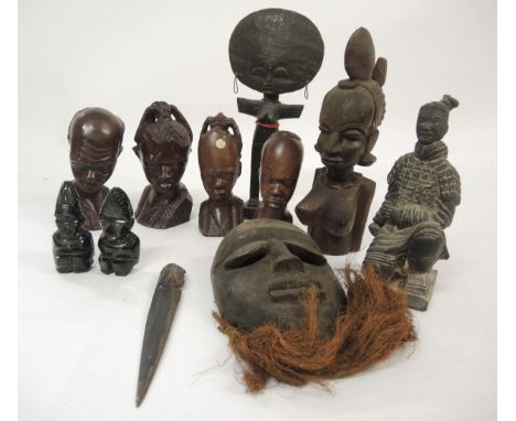 Box containing a quantity of various African carved hardwood figures, including a mask and a Chinese pottery kneeling figure