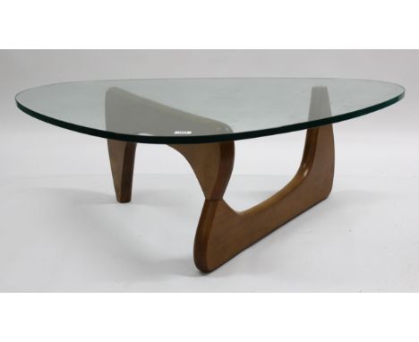 Isamu Noguchi for Herman Miller, triangular coffee table with a thick plate glass top on a walnut base, 125 x 90cmDoesn't hav