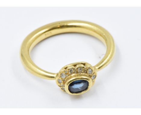 18ct Yellow gold sapphire and diamond cluster ring, size L, 4.6g