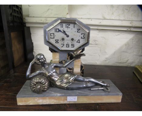 Art Deco alabaster, coloured marble and silvered spelter figural mantel clock, 31cm high