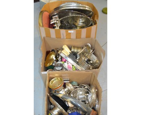 Three boxes containing a large quantity of various silver plated items including trays, flatware etc.