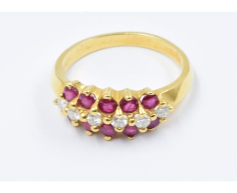 Portuguese gold (800 mark) ring set band of diamonds flanked by bands of rubies, size S, 6g