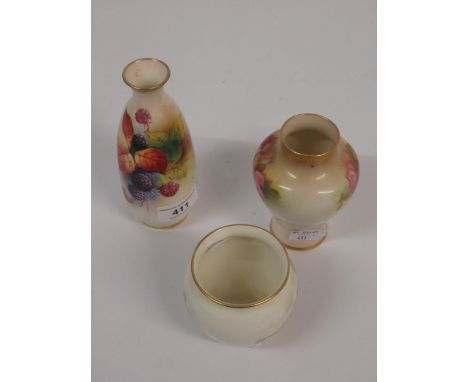Small Royal Worcester baluster form vase painted with blackberries by Kitty Blake, signed, 14cm high, together with a miniatu