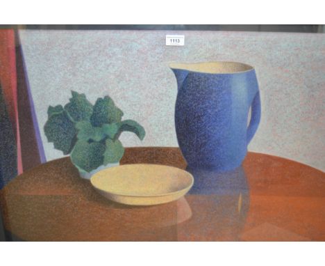 Keith New, pastel on paper, still life with a jug, bowl and plant pot on a table top, signed, 66 x 83cm, framed