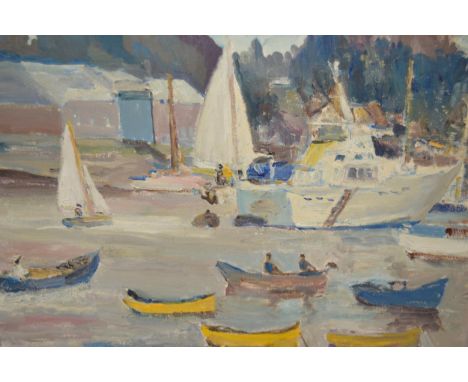 Ronald Ossory Dunlop, oil on canvas, west country scene with various boats, signed, 39 x 49cmOriginal untouched condition. So
