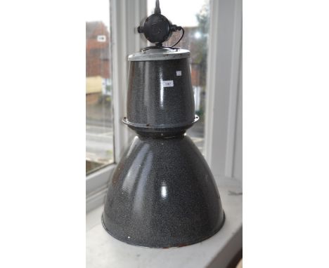 Large 20th Century industrial grey enamelled hanging light fitting, 90cm high x 53cm diameter