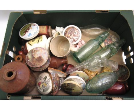 Small quantity of various Prattware pot lids, stoneware bottles etc.Some grazing to edges of bear pot lid, as shown in photos